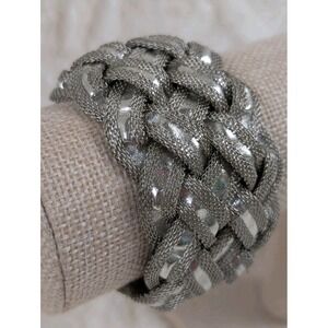 Silver Tone Braided Mesh Statement Bracelet Magnetic‎ Clasp Woven Cuff